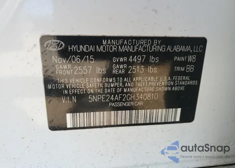 2016 Hyundai Sonata Se from USA, damaged, VIN 5NPE24AF2GH340810